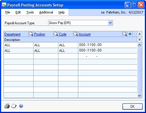 PART 1 SETUP To set up Payroll posting accounts: 1. Open the Payroll Posting Accounts Setup window. (Administration >> Setup >> Posting >> Payroll Accounts) 2.
