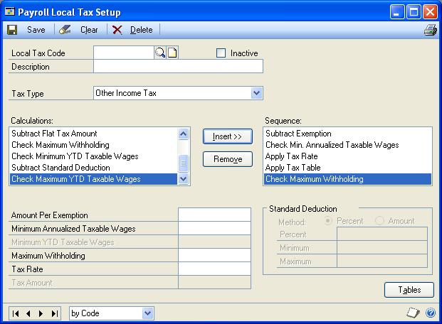 PART 1 SETUP Setting up a local tax Use the Payroll Local Tax Setup window to maintain tax tables for local taxes. Employees local taxes can be calculated automatically for each pay run.