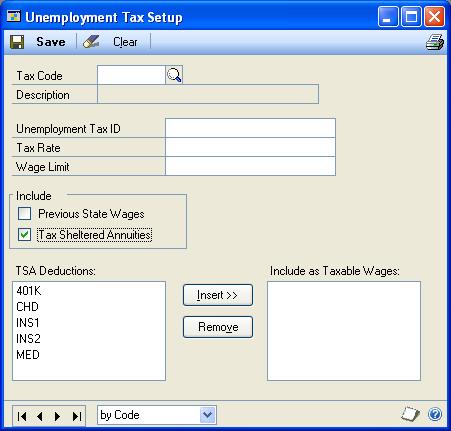 CHAPTER 4 SETTING UP TAXES AND COMPENSATION CODES To set up an unemployment tax: 1. Open the Unemployment Tax Setup window. (HR & Payroll >> Setup >> Payroll >> Unemployment Tax) 2.