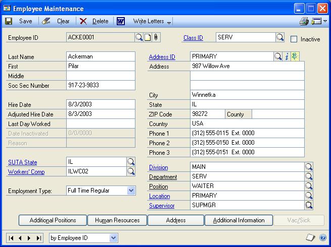 CHAPTER 5 SETTING UP EMPLOYEE CLASSES The following window shows how class setup might be used to set up the SERV class.