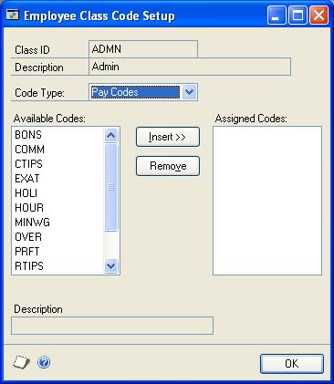 PART 1 SETUP 2. Enter or select a class ID and choose Codes to open the Employee Class Code Setup window. 3. Select a code type to assign to the employee class. 4.