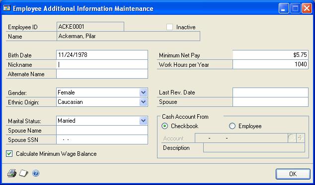 PART 2 CARDS Entering an employee additional information card Use the Employee Additional Information Maintenance window to enter employee additional information.