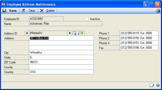 CHAPTER 6 EMPLOYEE CARDS Entering an employee address card Use the Employee Address Maintenance window to enter an employee address card. You can enter address and phone information.