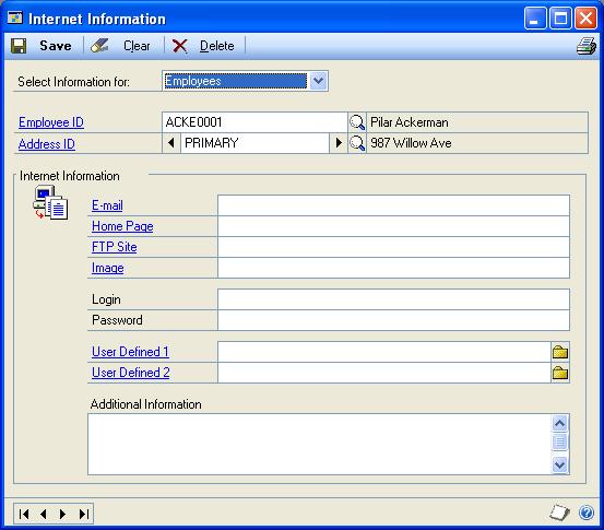 PART 2 CARDS 2. Enter or select an employee ID and choose the Address ID Internet icon to open the Internet Information window. 3. Select Employees in the Select Information for field. 4.