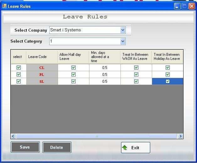 Leave Rules Master is the form provided to serve the purpose. The form structure is as shown above. 1.1 With this form the user can- Set Leave Rules for a particular Leave.
