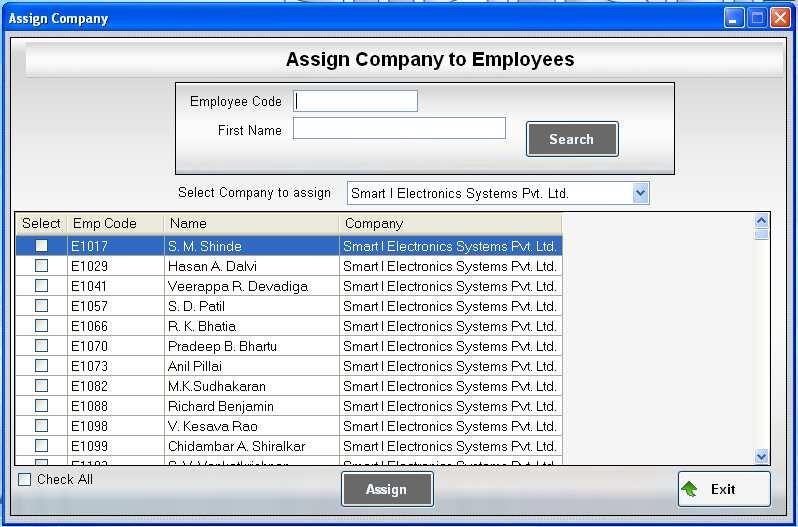 This will update the company for all those employees in the database 1.1 With this form the user can- 1. Assign Company to the employees. 1.2 Steps to Assign Company: The user can search the employee according to employee code, first name or last name.