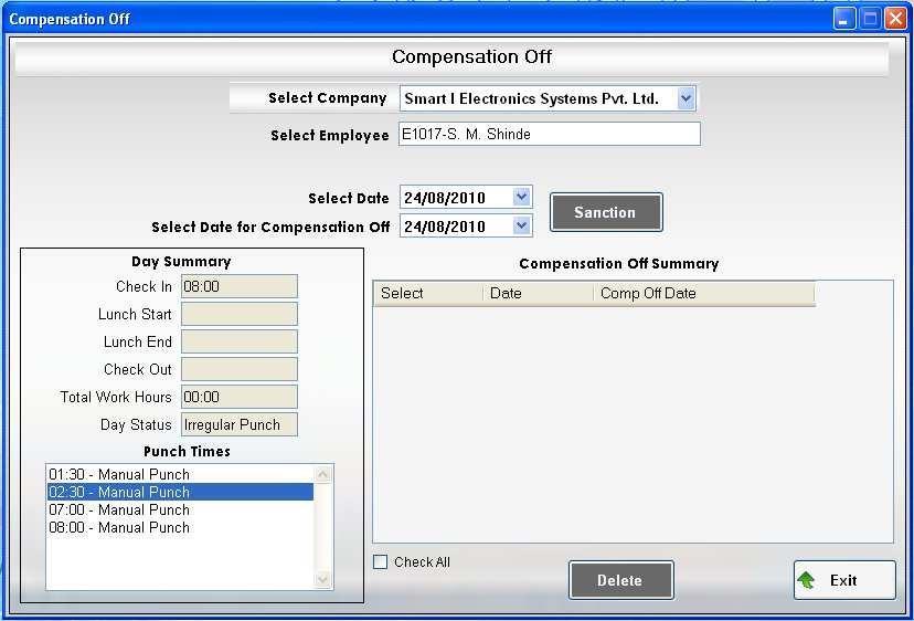 1.1 With this form the user can- 1. Allow compensation off for an employee & shift his punches to another date on which he is absent. 1.2 Steps to assign category: Select the Company.