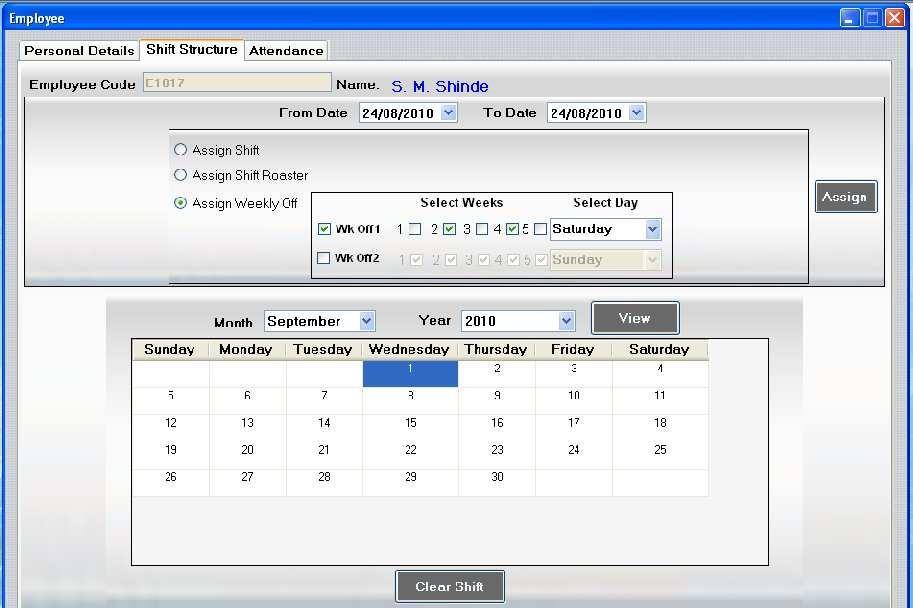 c. Employee Attendance: With this form the User can- View month wise Attendance Details of an employee.