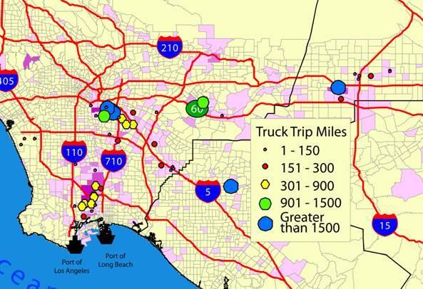 Figure 4.4. Truck trip miles to/from the transportation nodes. In Figure 4.