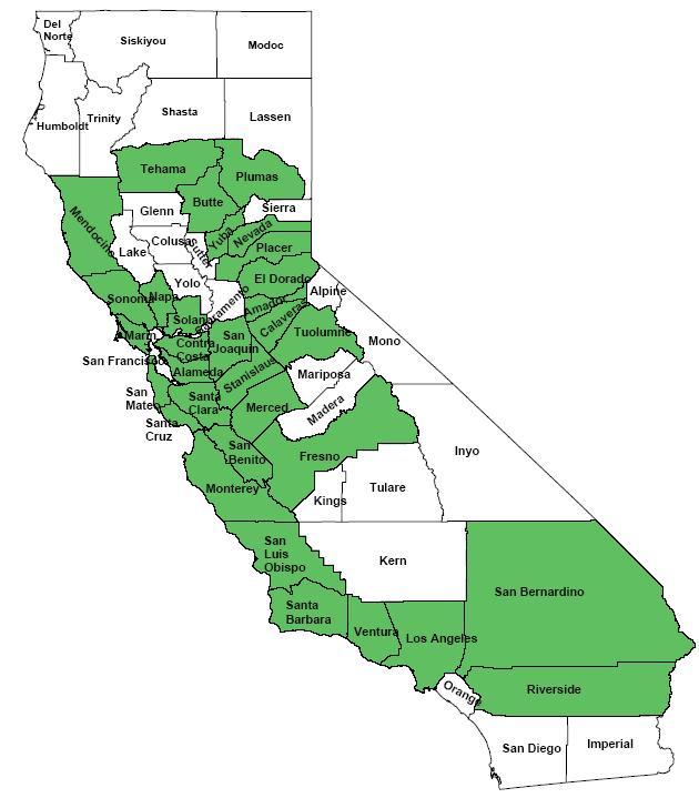 Counties Impacted Alameda, Amador, Butte, Calaveras, Contra Costa, El Dorado, Fresno, Los Angeles, Marin, Mendocino, Merced, Monterey, Napa, Nevada, Placer, Plumas, Riverside, San