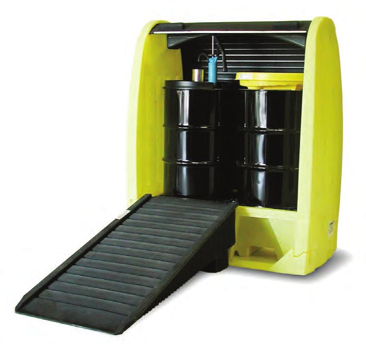 Indoor / Outdoor Drum Depots Poly Roll-up Door Design and Integrated Sump/Pallet Create an Efficient and Compliant Spill