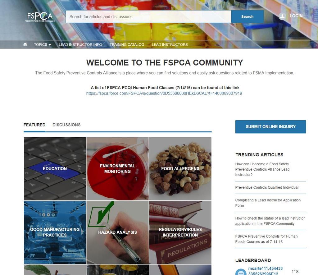 FSPCA Community Overview Interactive web community Technical
