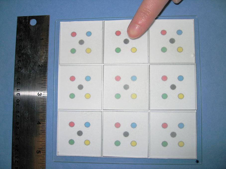 A quick screening method for neuropathy Subjects rub a finger over 5 colored circles to locate a tiny particle