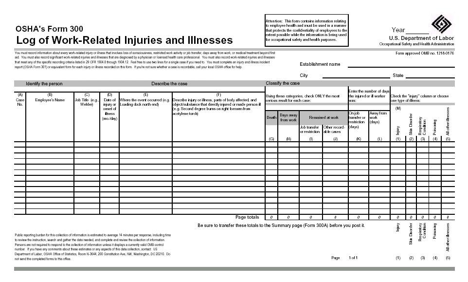 Figure 2. Example OSHA 300 form for recording occupational injuries and illnesses. better understanding of ergonomics and a familiarity with the process.
