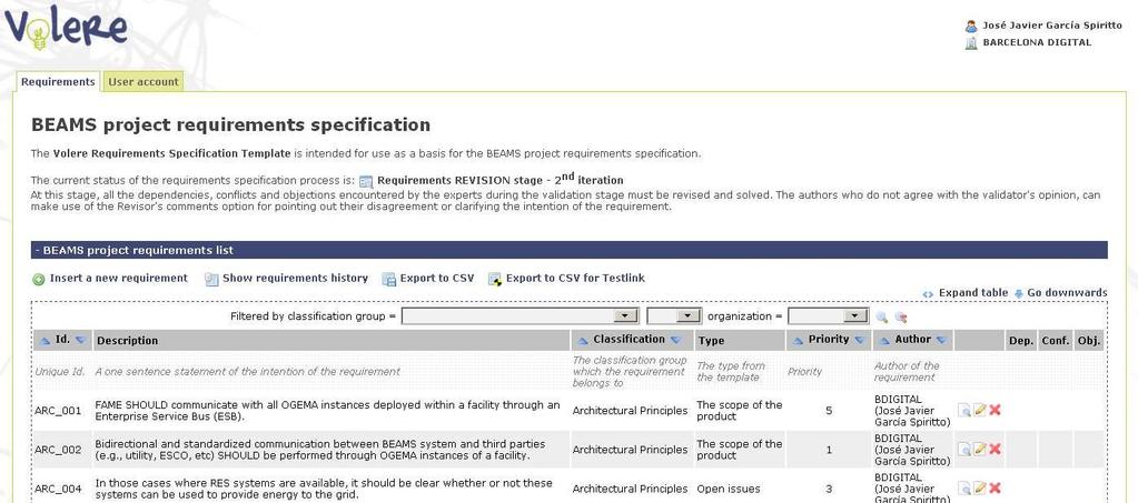 Figure 13: Volere Tool Homepage Help: An external link to Volere requirements specification template. List of requirements: The list of requirements with some additional options.