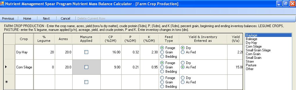 Figure 2. Farm crop production screen. Note that the manure applied box only is accessible for fields with legume content >0%. The pre-made crop types are on the right-hand side of the page.