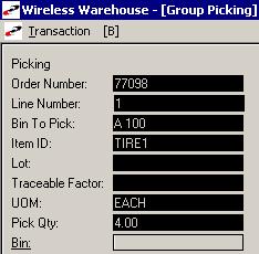 4 PICKING WIRELESS WAREHOUSE MANAGEMENT GUIDE Picking Bin Once you have completed your first pick for an order, you must define the bin you are picking the product to.
