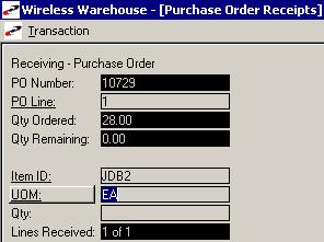 5 RECEIVING WIRELESS WAREHOUSE MANAGEMENT GUIDE Once you identify which item you are receiving, the screen displays the ordered quantity for the item on this order, and the remaining quantity if
