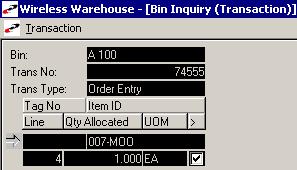 7 INQUIRY WIRELESS WAREHOUSE MANAGEMENT GUIDE Transaction List Screen Once you establish what bin you want to investigate, the scanner lists all of the transactions that have allocated quantities