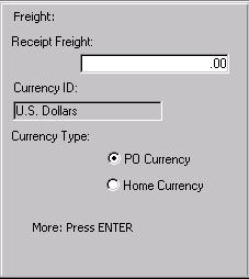 9 SYSTEM INFO WIRELESS WAREHOUSE MANAGEMENT GUIDE Field: Receipt Freight Currency ID Currency Type Description: The amount of freight you paid to have the inventory shipped to you.