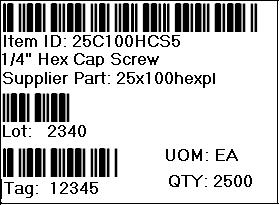 10 PRINTING WIRELESS WAREHOUSE MANAGEMENT GUIDE INVENTORY LABEL Inventory labels printed from the Wireless Warehouse system are designed to fit on 3x5 label stock, and look like this: Item ID