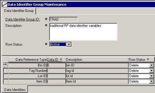 2 PROPHET 21 SETUP WIRELESS WAREHOUSE MANAGEMENT GUIDE The Data Identifier Group Maintenance window is an option on the System menu of the Wireless Inventory Management module (under the Data