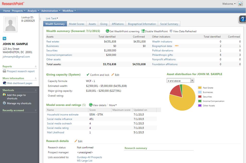 ResearchPoint TM Data Dashboard The main page of a profile shows the key information upfront and tools to navigate further through a prospect s research.
