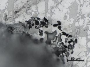 Figure 2 Micro photos of surface sections of polished and etched CP samples indicating pit initiation in the ferrite to the left for sample A and in the austenite