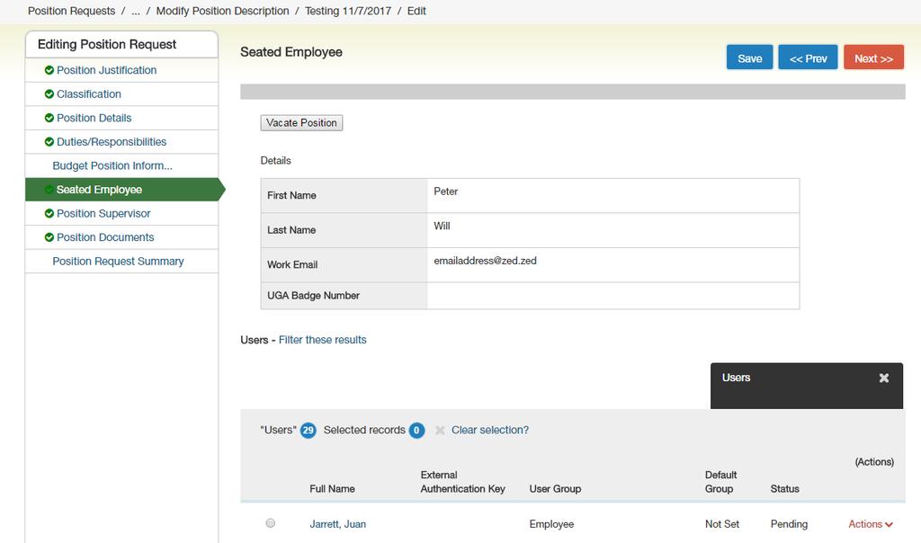 Modify Seated Employee Tab If one of the reasons for updating the position description included Replacement of Employee, on the seated employee tab, if there is an employee already seated in the