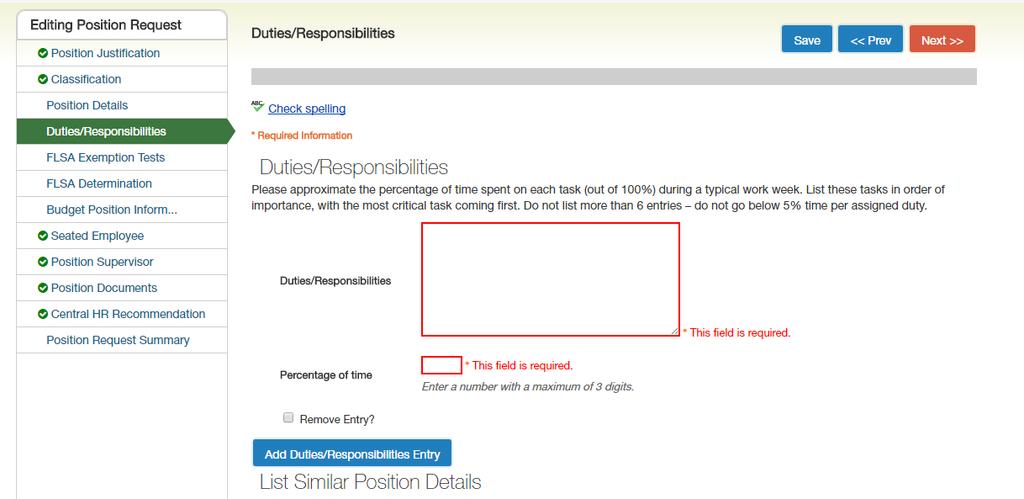 Evaluate Duties/Responsibilities Tab Instruction text has been provided as guidelines on how to utilize the Duties and Responsibilities section.
