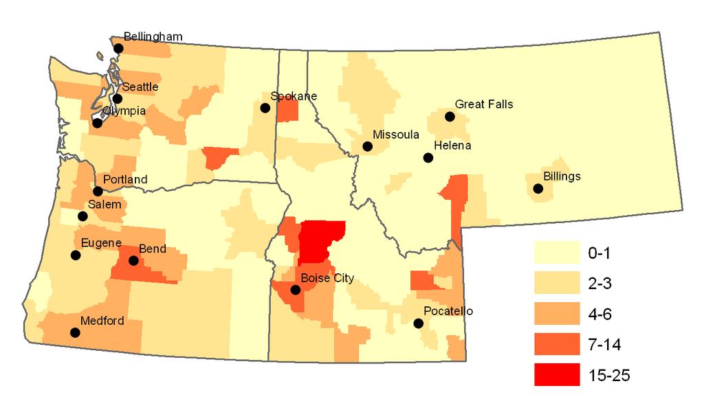 the McCall-Valley County area of Idaho, Bozeman-Gallatin County area of Montana, the Bend- Deschutes County area of Oregon, and Pasco-Franklin County area of Washington. Figure 2.