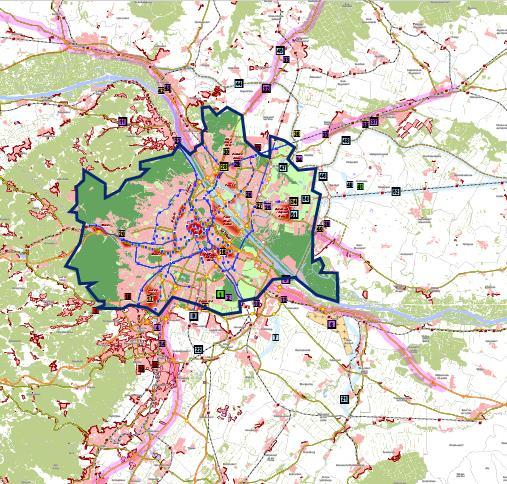 background topology of the agglomeration Metropolitan area with 2,6 Mio inhabitants Vienna (1,8 Mio) is surrounded by 13 small towns, many