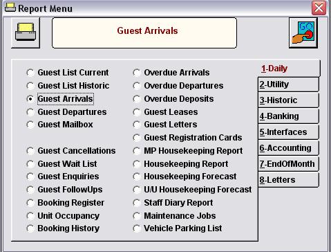 REPORTS In the top row of icons click Daily this will take you to the reports menu, select The most commonly used daily reports are Guest List Current Guest Arrivals Guest