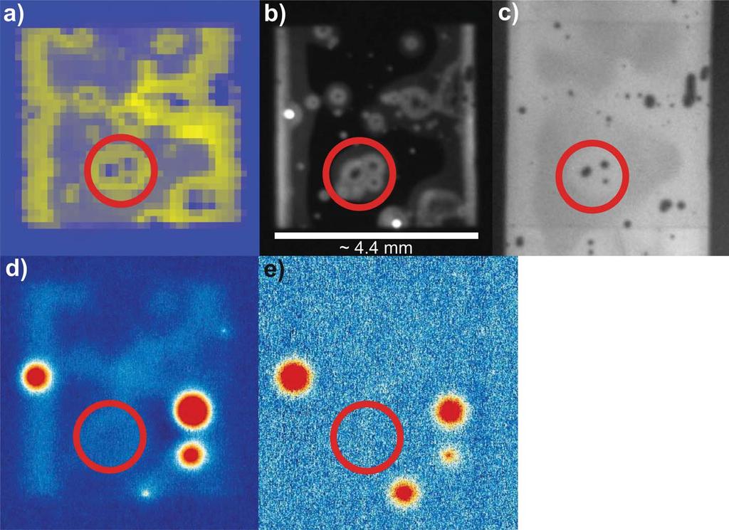 Fig. 11 Combination of information obtained by LBIC (a), ELI (b), PLI (c) and DLIT forward (d) and reverse (e) imaging on a solar cell prepared by the NREL group after degradation (T50).