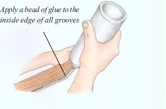 Glue placement is very important. The glue must be placed along the topside of the groove the full length of the grooved side and end.