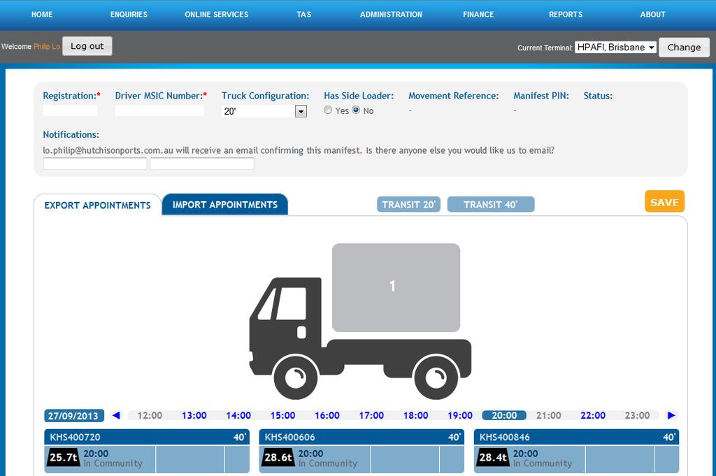 BCT Create Truck Manifest Screen Additional Emails Driver and Truck Info Exp & Imp Tabs Add
