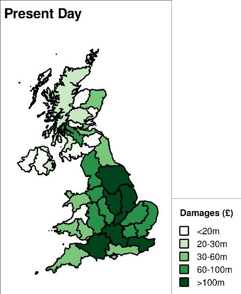 Figure A1: Projections of UK flood risk in the 2050s and 2080s in 2 o C and 4 o C scenarios (by the 2080s), assuming current levels of adaptation continue and there is no new development in the