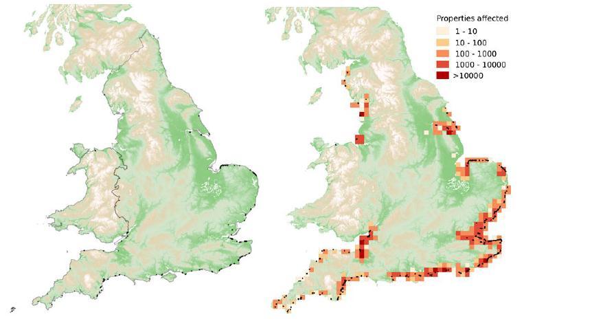 Figure A2: Highly vulnerable defence structures in England (left) at current mean sea levels (black dots/lines), and