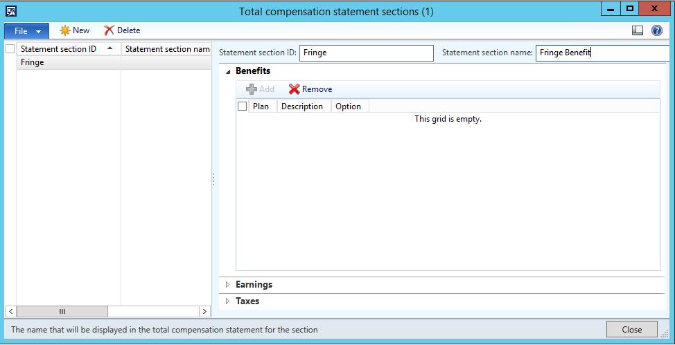 Total Compensation Statement V1.0 Figure 1: Fringe Benefit section for the Total Compensation Statement Earnings FastTab To add earning codes to the line, perform the following steps: 1.