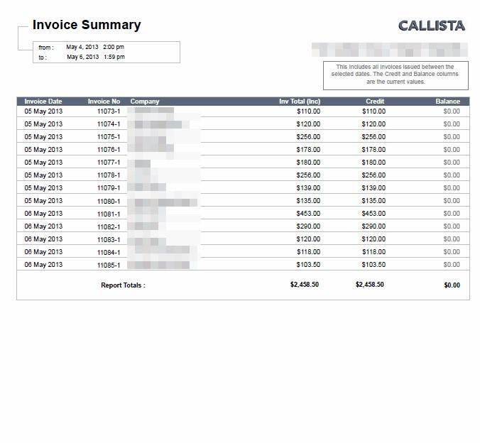 Invoice summary This summary provides a list of all invoices