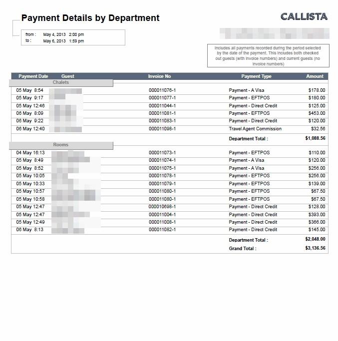 Payment details by department This report provides a list of all payments received per department, including the payment method,