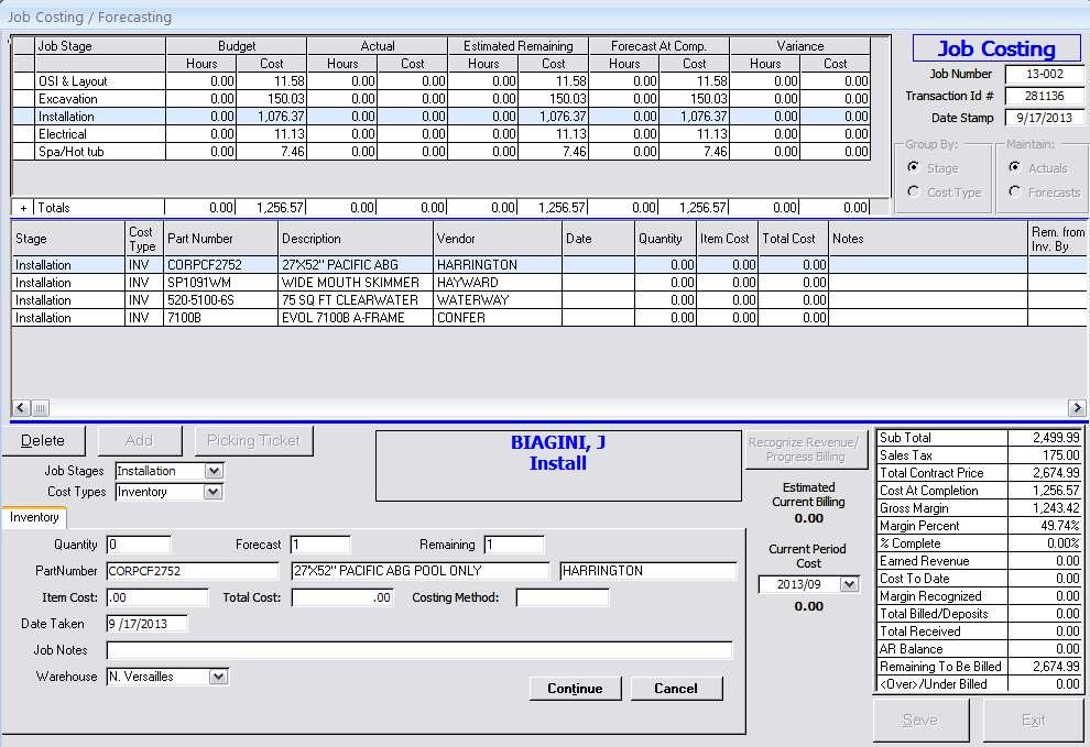 Main Job Costing Screen Select to group the transactions either by Stage or Cost Type.