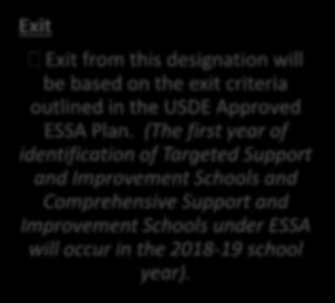 Exit Exit from this designation will be based on the exit criteria outlined in the USDE Approved ESSA Plan.