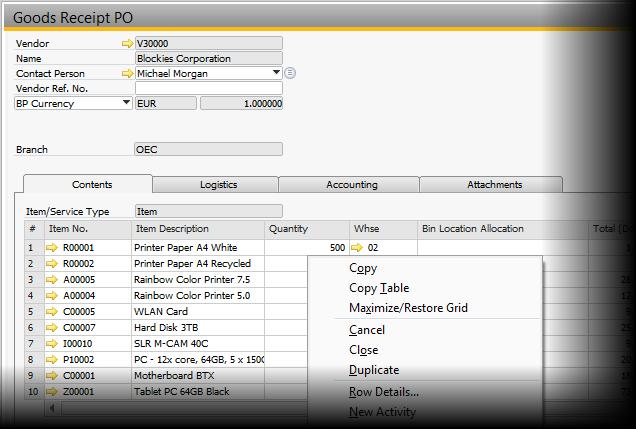 Copy & Paste between SAP Business One Grids and Excel For