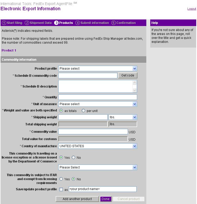 Step 1: Enter and File EEI Data Products 1 Product Profile Select a product profile from the dropdown menu.