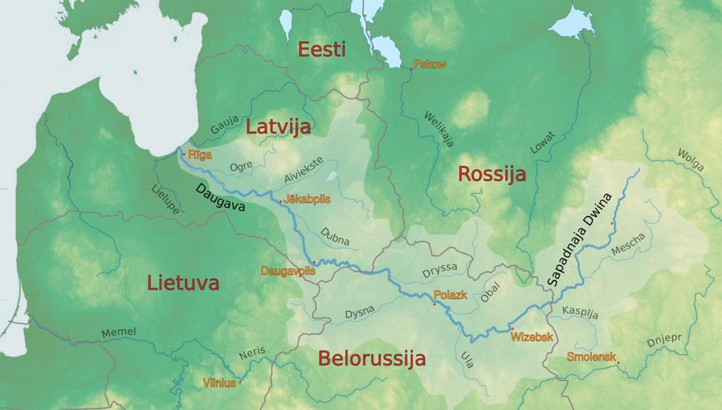The Daugava or Western Dvina The total length 1,020 km: 325 km in Russia, 338 km in Belarus, 352 km in Latvia.