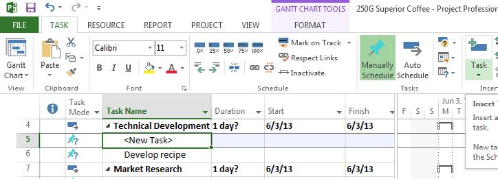 4: Creating and modifying tasks Inserting new tasks into the schedule Inserting new tasks into the schedule is a very common process, especially during the planning phase, when you are focusing on