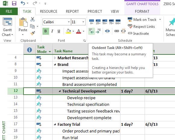 4: Creating and modifying tasks Move a summary task (continued) 4 Review the location of the moved summary task (and related subtasks).