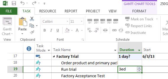 5: Setting estimates Enter elapsed duration estimates In the Task tab, click the Gantt Chart view. Enter the duration with e in front of the units (for example, 3ed).