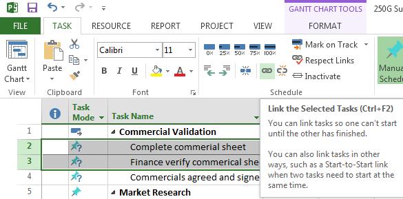 6: Linking the tasks Link dependent tasks In the Task tab, click the Gantt Chart view. Select the predecessor task (task below) by choosing the task row header.
